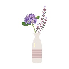 Colorful flowers flat icon. Bunch of plants bouquet in vases with vector illustration. Rose, sunflowers, tulips and others. Decoration and nature