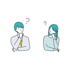 考える・悩む・首をかしげる2人の男女のイラスト素材｜mayucolor08
