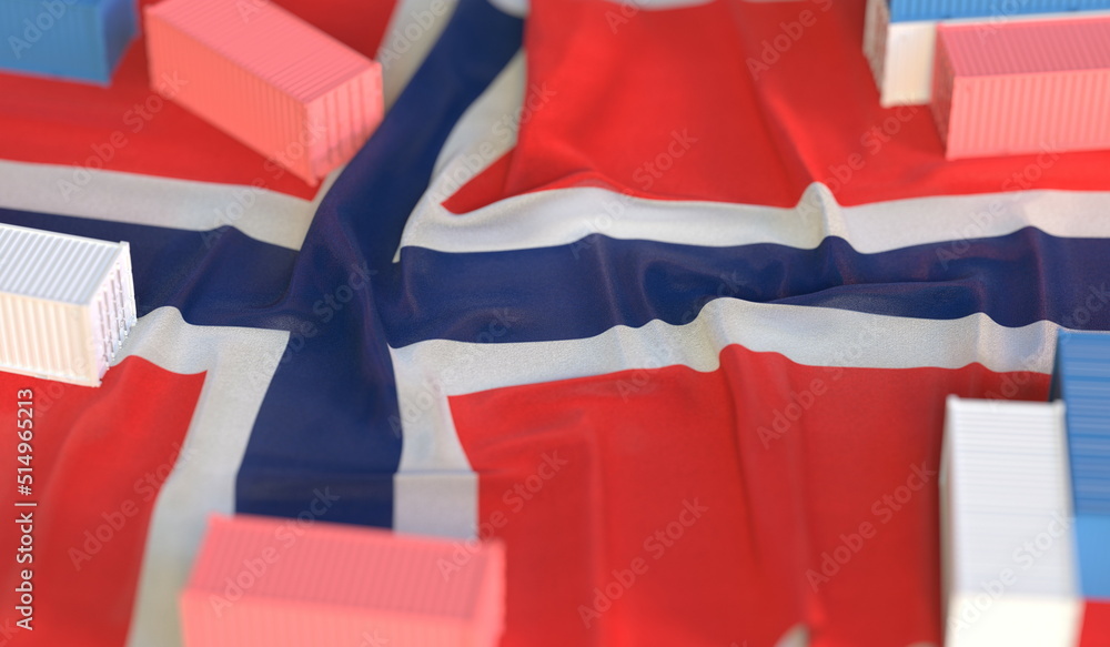 Poster national flag of norway and cargo containers. import or export related 3d rendering