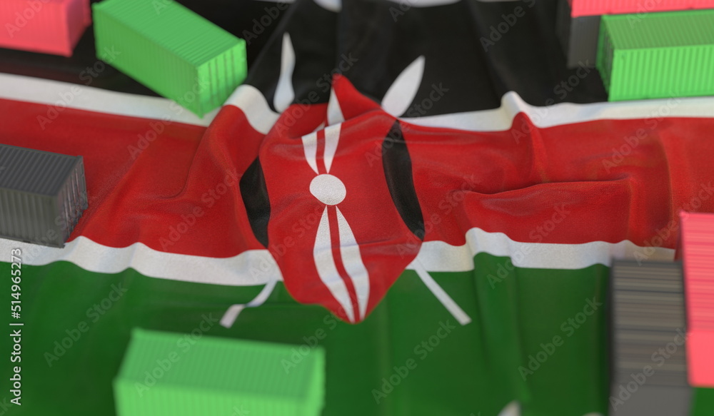 Poster national flag of kenya and cargo containers. import or export related 3d rendering