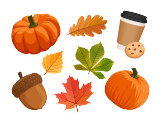 Auturmn set in cartoon vector style. Group of autumn objects isolated on white background. Pumpkin, latte, cookie, leaves, acorn.  © DOBRYI VECHIR STUDYA