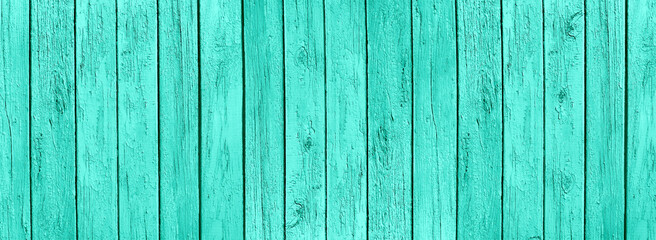 Old wooden boards with cracked peeling light teal color paint. Pastel aquamarine grunge rustic texture. Vertical rough aged turquoise wood plank abstract panoramic background