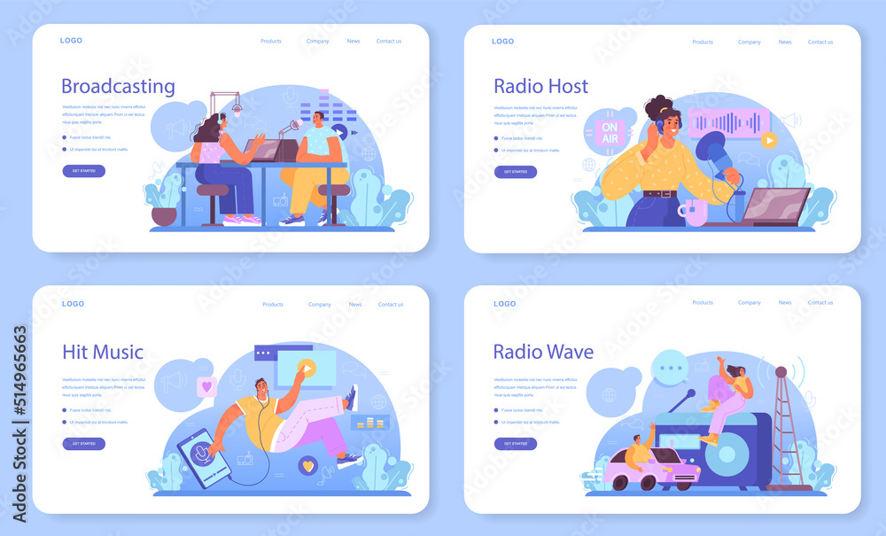Poster radio host web banner or landing page set. idea of music broadcasting