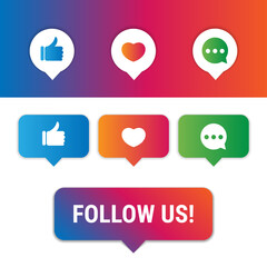 Icons thumbs up, like, comment, follow us. Social media elements