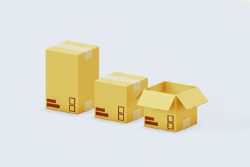 Multiple parcel boxes of various sizes 3d render, isolated on white color background , illustration 3D Rendering