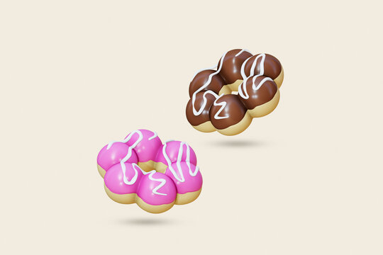 Pon De Ring donut Chocolate and Strawberry flavor 3d render , isolated on beige color background , illustration 3D Rendering