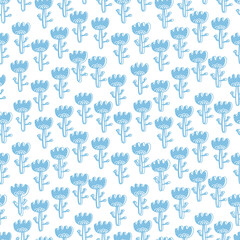 Scandi folk style flowers. Cartoon drawing blue eamless floral aattern. Scandinavian folk style. For fabric, cards, wallpaper, home decor.