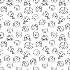 seamless pattern with peoples faces Sketch. Hand-drawn doodle style. Line art. men and women with different hair. Cartoon characters. Vector illustration