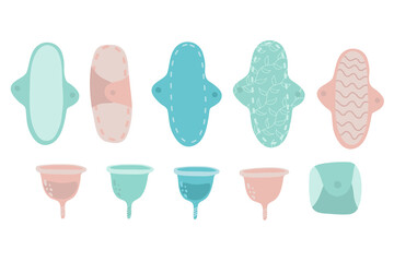 Menstruation hygiene set. Feminine period cartoon elements collection. Zero waste ecological products. Menstrual cup and pads