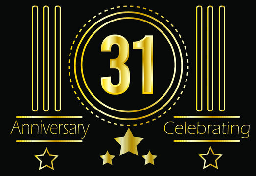 31 Years Anniversary Celebrating. Vector Gold Medallion With Ornament And Stars For Birthday On Black Background.