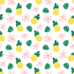 Pineapple flowers seamless vector pattern. Repeating vacations, tropics, exotic background with summer fruit. Use for fabric gift wrap packaging. Hawaii t-shirt