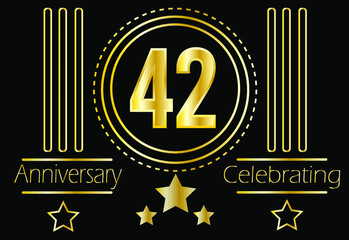 42 years anniversary celebrating. Vector gold medallion with ornament and stars for birthday on black background.