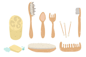 Set Zero Waste reusable hygiene items vector flat illustration. Collection eco friendly elements for care isolated. Wooden dish brush, comb, loofah sponge, toothbrush, soap. Eco bath accessories