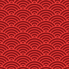 Chinese and Japanese seamless pattern. Traditional asian ornament, oriental New Year decoration. Modern red background, geometric texture with waves. Vector illustration