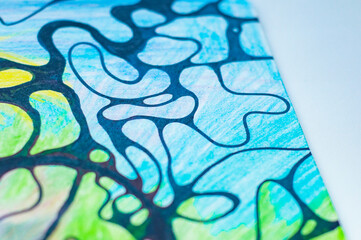 Hand drawn neurographic illustration. Abstract neurographic art of hand drawing. Wavy stripes. Neuographic design. Neurographic design using multi-colored markers. Abstract pattern drawn