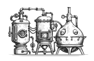 Industrial equipment from copper tanks for distillation of alcohol. Distillery, distillation vintage vector - obrazy, fototapety, plakaty