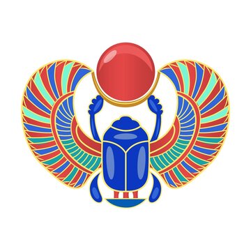 Scarab beetle. Golden symbols of ancient Egypt vector illustration. Cartoon Sphynx, Nefertiti, pharaoh statue, monuments, sarcophagus isolated on white