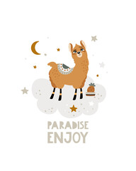 Lama inspirational vector poster. A cute white picture of a Lama with an inscription. Vector illustration.