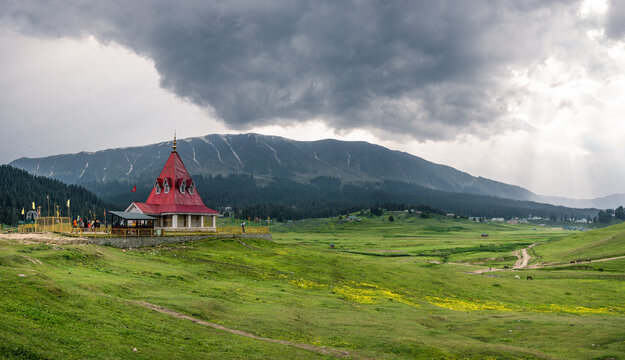 Panorama of Lord Shiva temple near Himalayan Mountains in Gulmarg, Jammu and Kashmir, India
