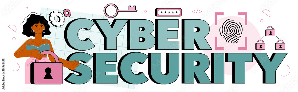 Poster cyber security typographic header. digital data protection and database