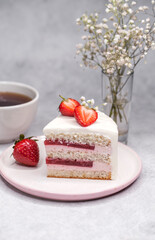 Strawberry homemade cake decorated with gypsophila sprigs