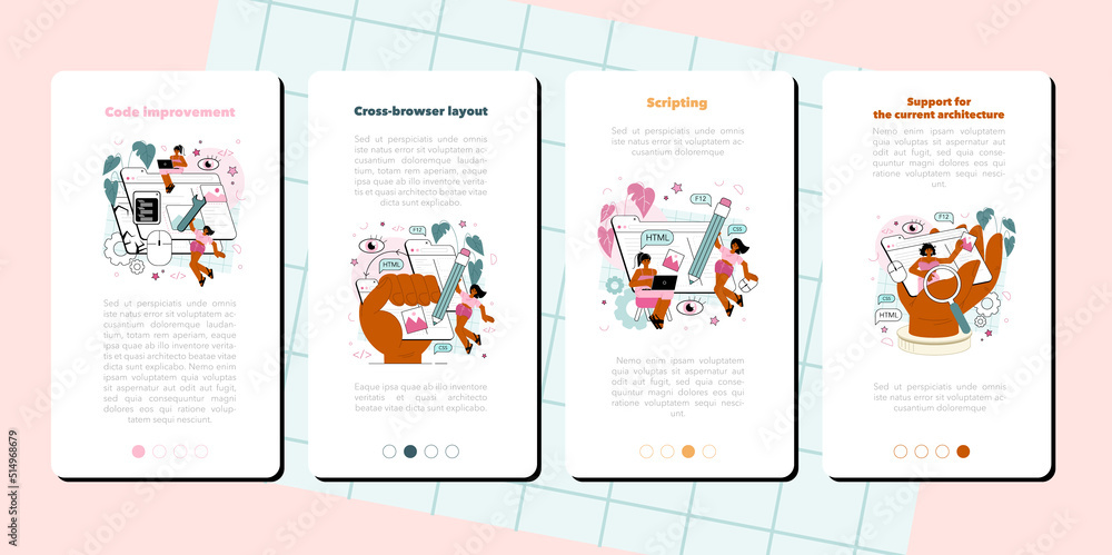 Poster frontend development mobile application banner set. website interface