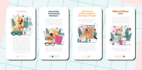 Librarian mobile application banner set. Library staff cataloging