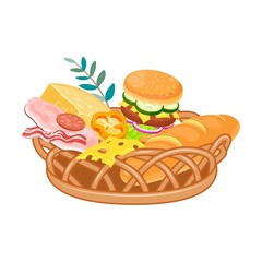 Picnic baskets full of delicious food. Cartoon vector illustration. Wicker baskets with cheese, wine, baguettes. Food, picnic, rest