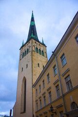View of the old town with the church of St. Olaf in Tallinn, Estonia