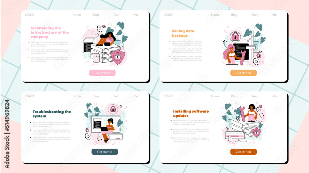 Poster system administrator web banner or landing page set. technical work