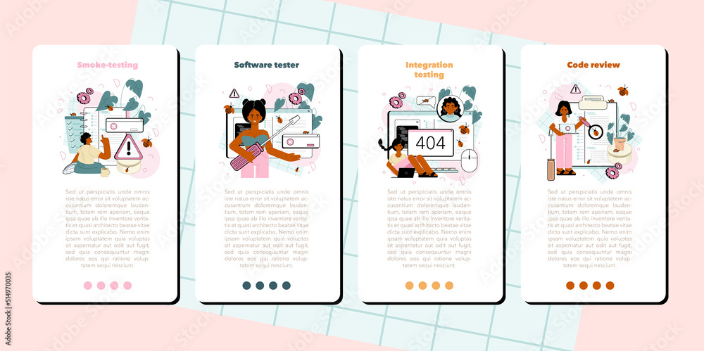 Poster software tester mobile application banner set. application or website