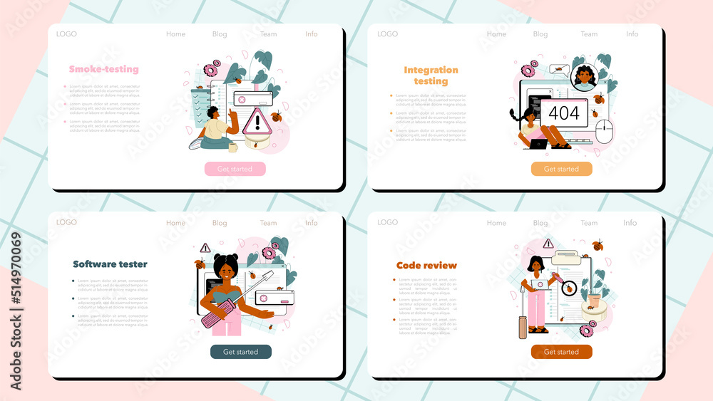 Poster software tester web banner or landing page set. application or website