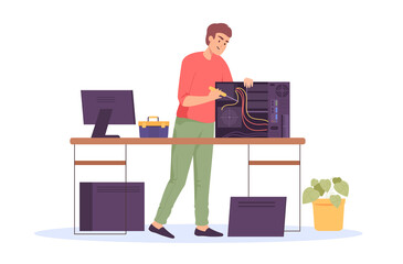Cartoon engineer repairing computer system unit. Technician fixing PC hardware flat vector illustration. Repair service, technology concept for banner, website design or landing web page