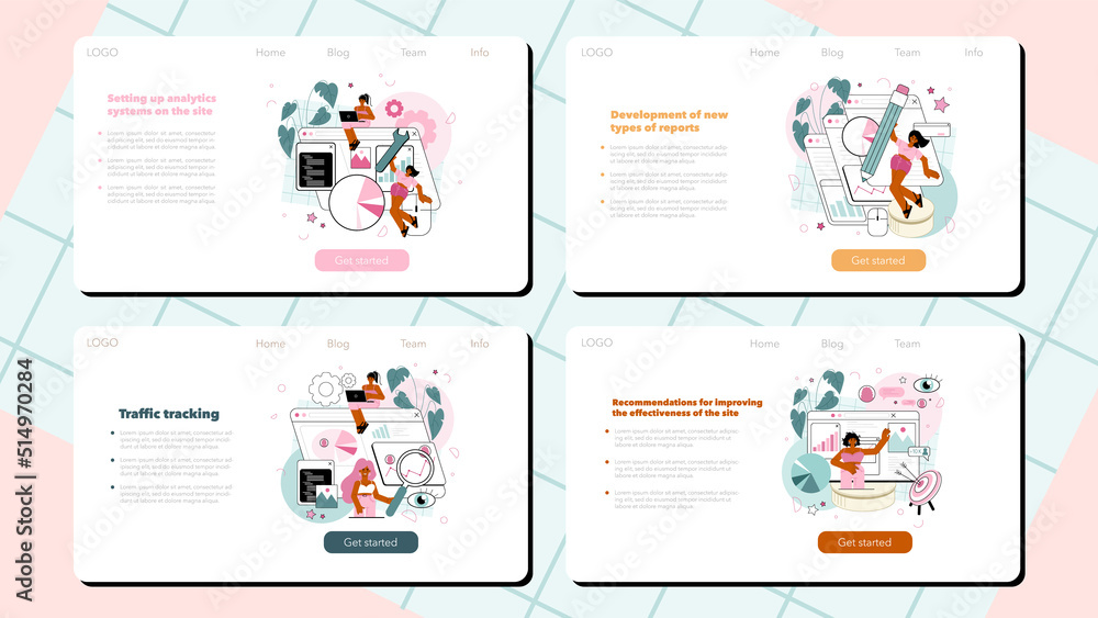 Poster website analyst web banner or landing page set. web page analysis