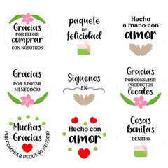Business support round stickers in Spanish for print