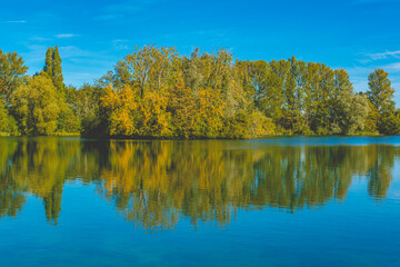 autumn trees reflected in water