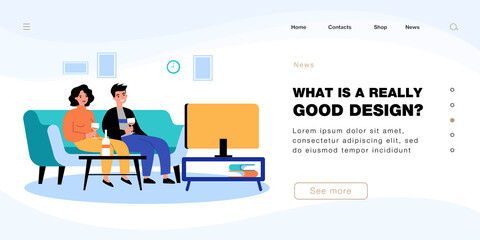 Couple watching TV and drinking wine. Man and woman sitting on sofa of home living room flat vector illustration. Television, entertainment concept for banner, website design or landing web page