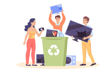 People throwing electronic devices into recycle bin. Male and female cartoon characters holding camera, monitor and TV flat vector illustration. Technology, electronic waste, recycling concept
