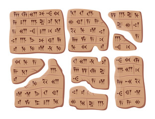 Babylonian or Sumerian script vector illustrations set. Clay, stone or rock tablets with alphabet of ancient civilization or Mesopotamia on white background. Science, Babylon, language concept