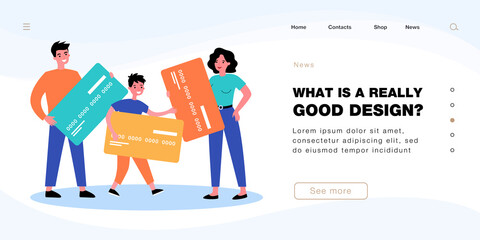 Cheerful mother, father and son holding big credit cards. Man, woman and boy with personal money flat vector illustration. Family, budget, finances concept for banner, website design or landing page