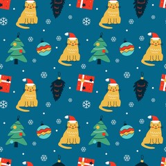 Seamless pattern with cute cats and present boxes. Christmas design for fabric and paper, surface textures.