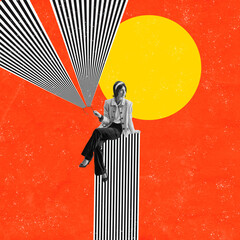 Contemporary art collage. New idea or creative inspiration. Woman with abstract optical ray over...