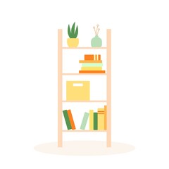 Vector illustration with bookcase and interior items isolated on white background.