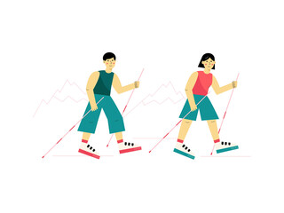Vector illustration of girl and boy hiking in the mountains isolated on white backround. Nordic walking.