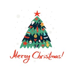 Vector illustration with colorful Christmas tree on white snowy background and Merry Christmas lettering. Winter holidays card.