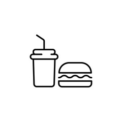 Burger Icon. Chicken burger, burger with cold coffee, burger with cold coffee and french chips icon. flat, vector, color circle, white background, black shape,