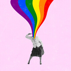 Contemporary art collage. Retro woman with rainbow colored design isolated over pink background. LGBTQIA suport.