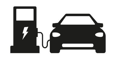 Electric car at the charging station.   Eco friendly vehicle concept. Vector icon.