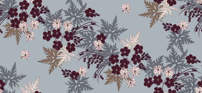  Flowers and leaves in vintage style, seamless pattern