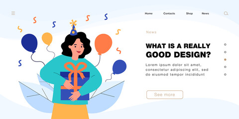 Happy cartoon woman in party hat holding gift box. Confetti and balloons, girl getting birthday present or bonus flat vector illustration. Birthday, celebration concept for banner or landing web page